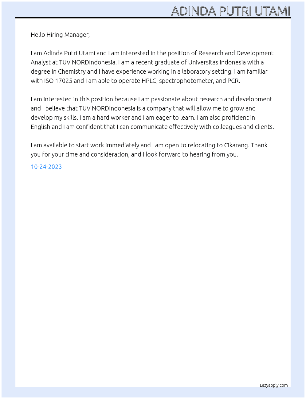 Research and Development Analyst At TUV NORDIndonesia Cover Letter