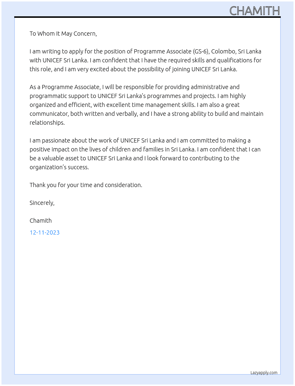 Programme Associate, (GS-6), Colombo, Sri Lanka  At Unicef Sri Lanka Cover Letter