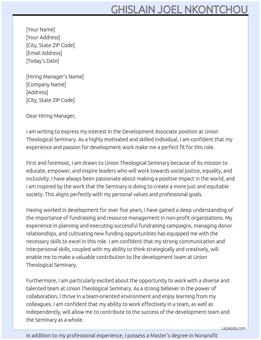 Development Associate At Union Theological Seminary Cover Letter