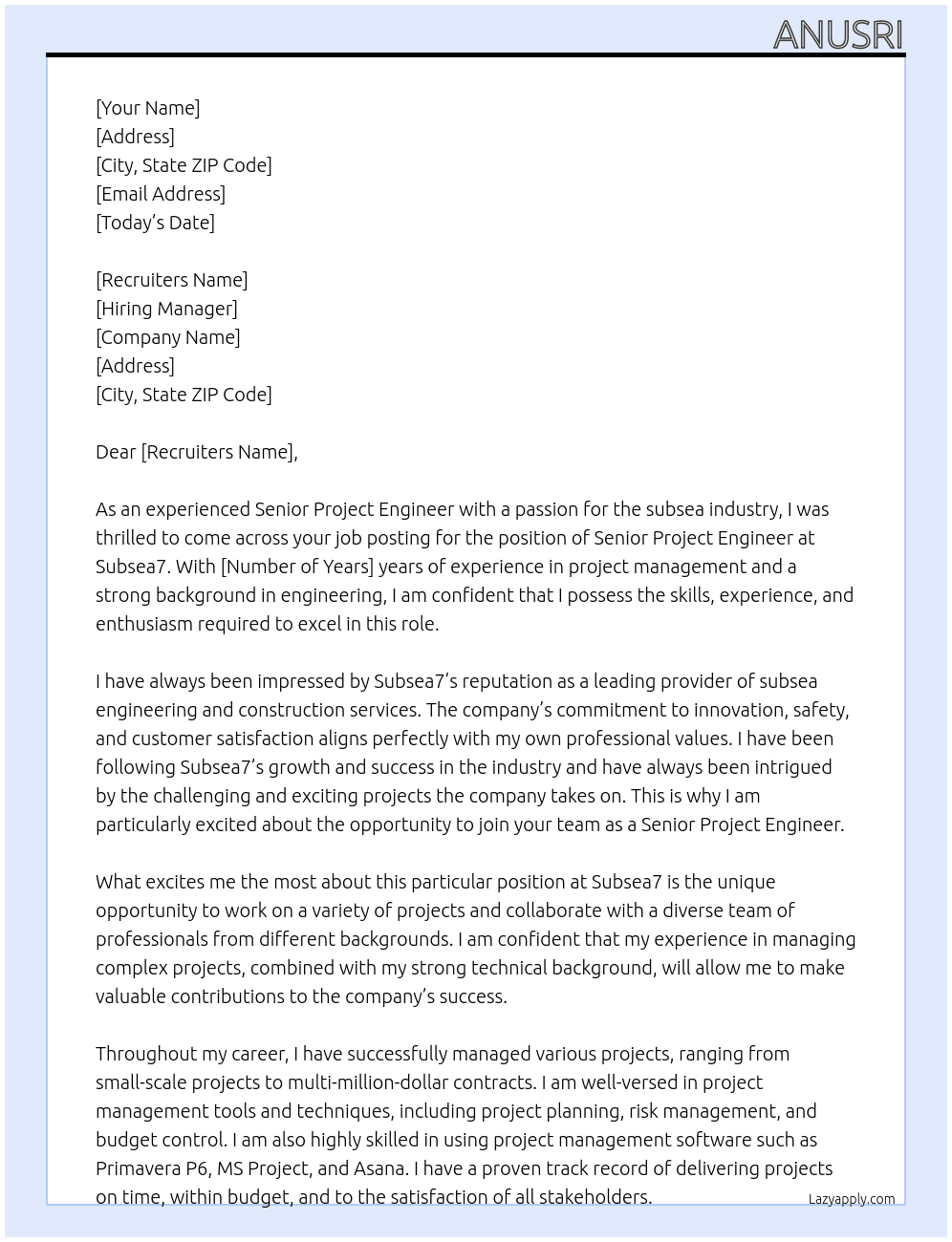 Senior Project Engineer At Subsea7 Cover Letter