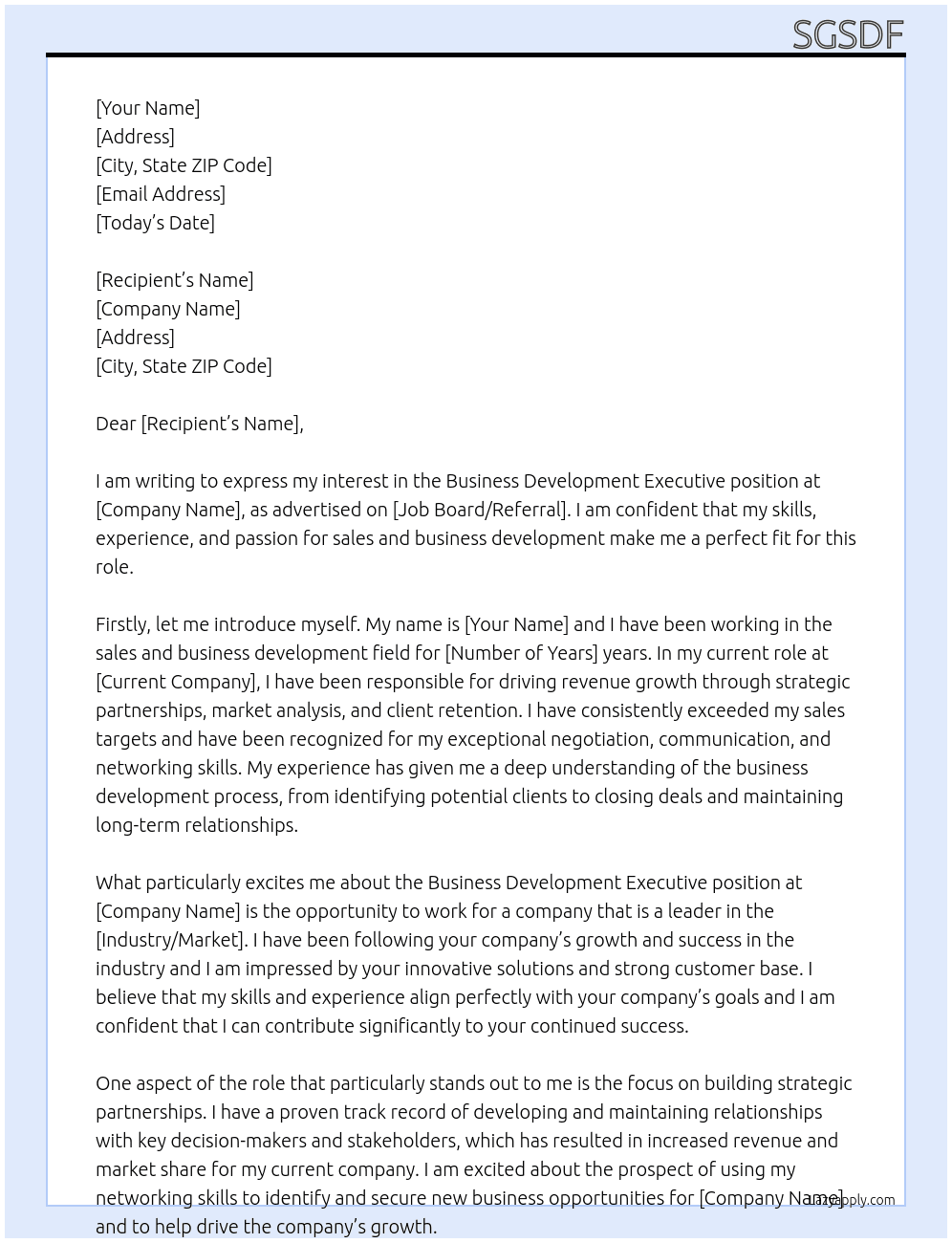 business development executive At dfsdf Cover Letter