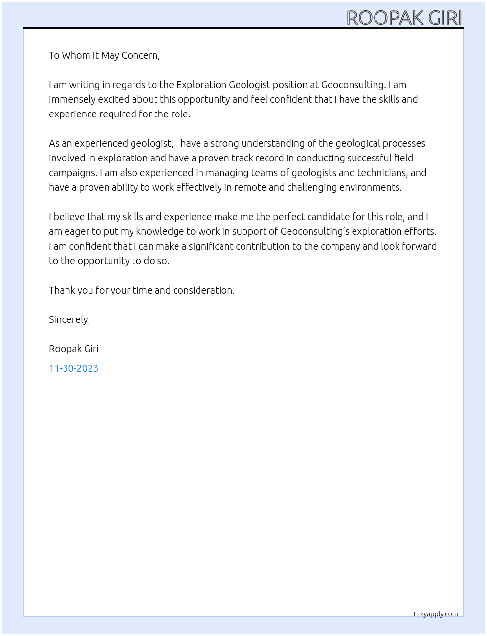 Exploration Geologist  At Geoconsulting  Cover Letter