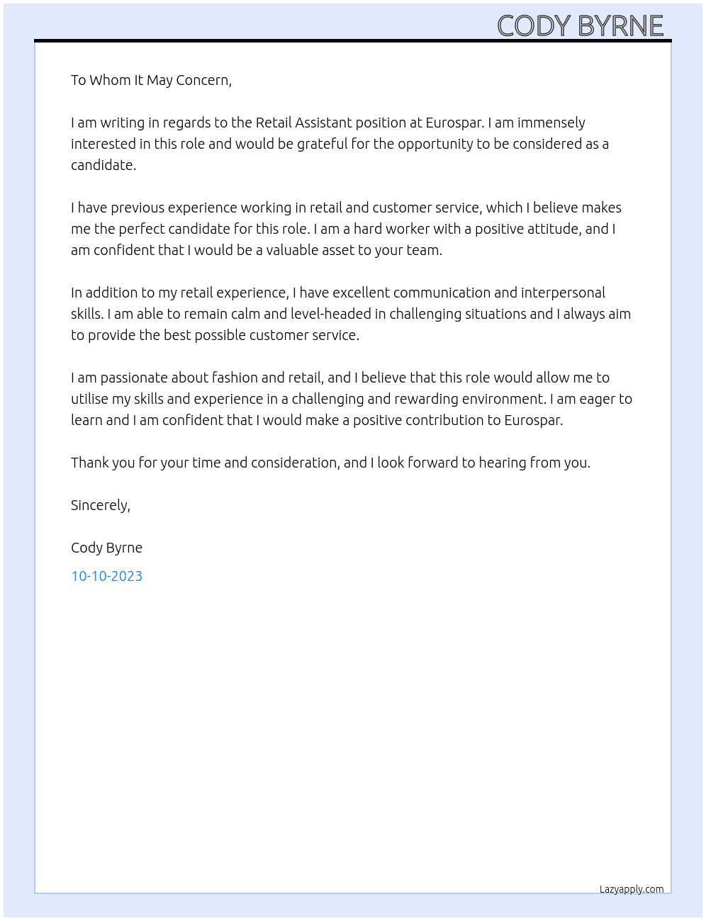 Retail assistant  At Eurospar  Cover Letter