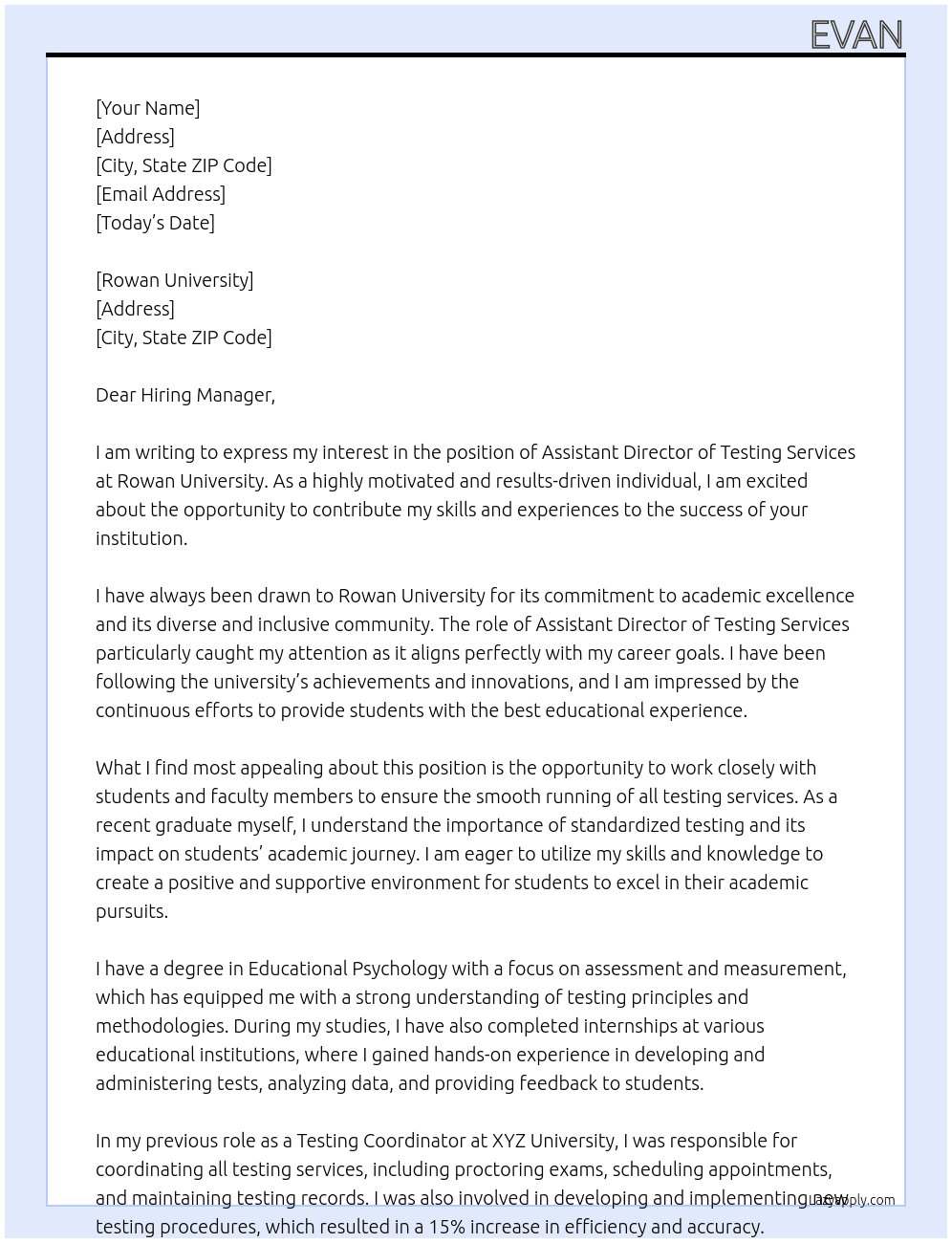 Assistant Director of Testing Services At Rowan University Cover Letter