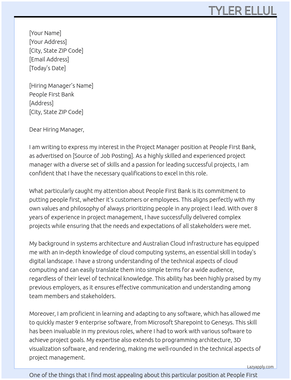 Project Manager At People First Bank Cover Letter
