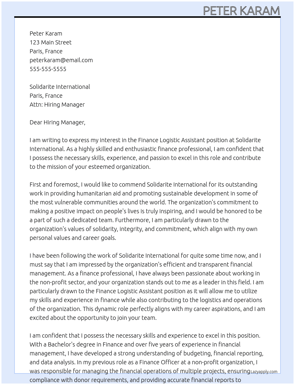 finance logistic assistant At ngo solidarite international Cover Letter