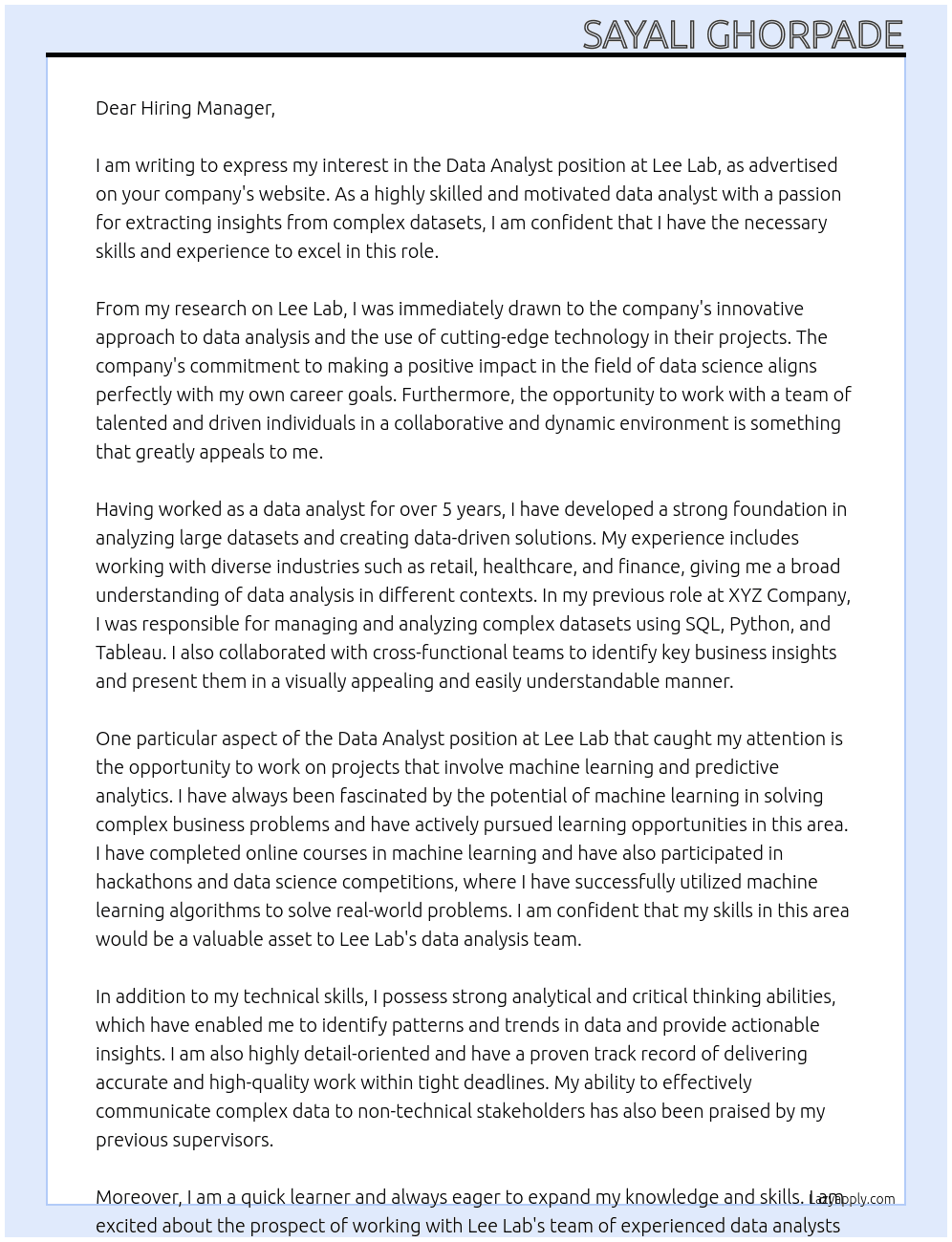 Data Analyst At Lee Lab Cover Letter
