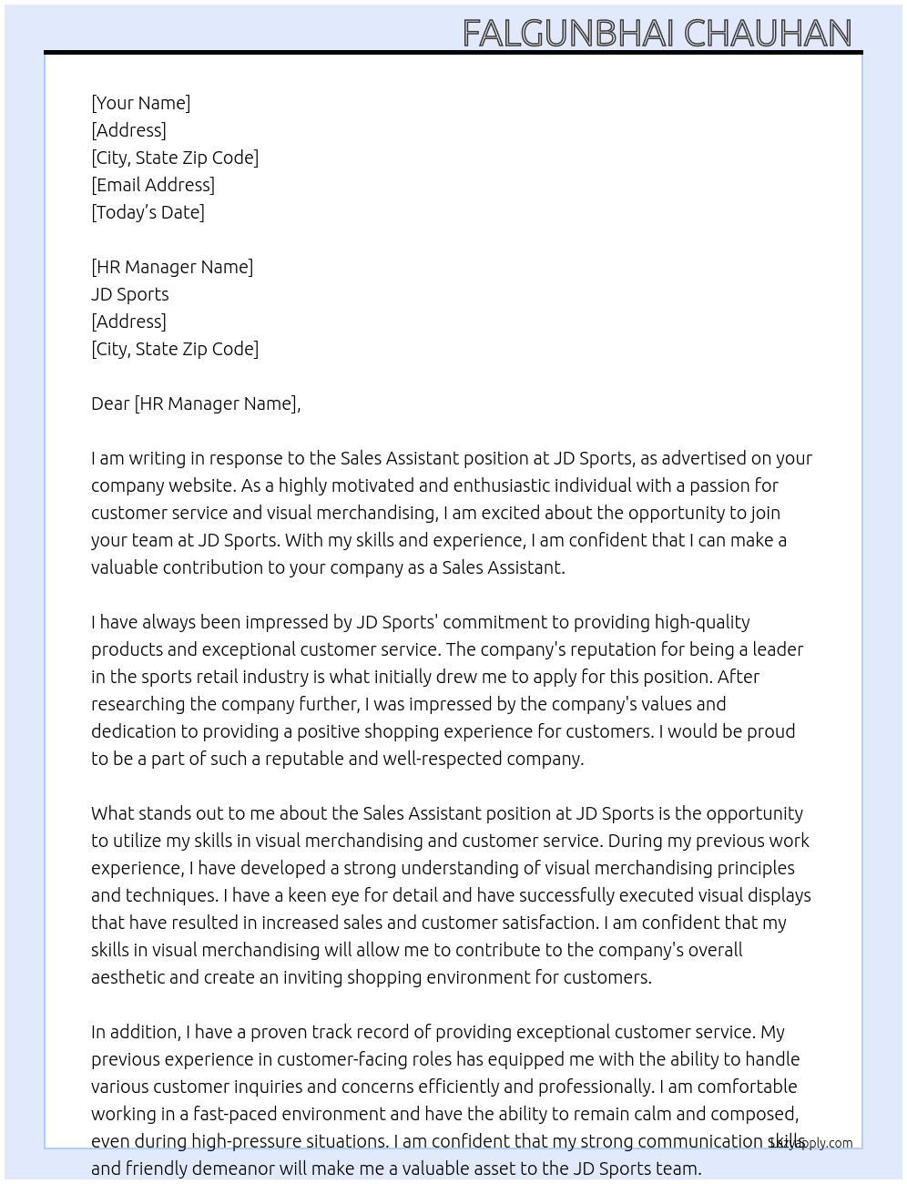 Sales Assistant At JD Sports Cover Letter