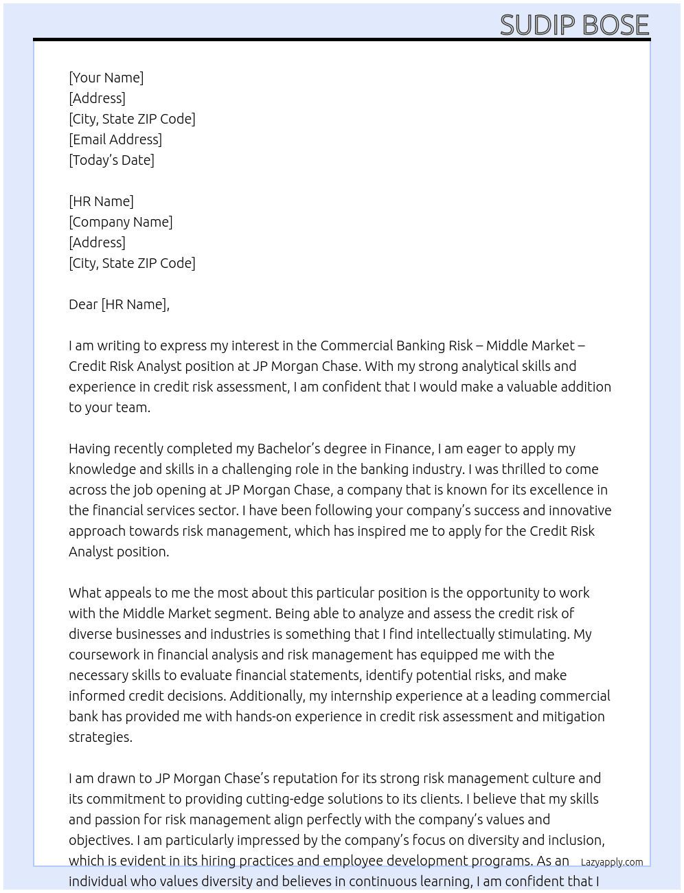 Cover letter for commercial banking risk - middle market - credit risk analyst - LazyApply