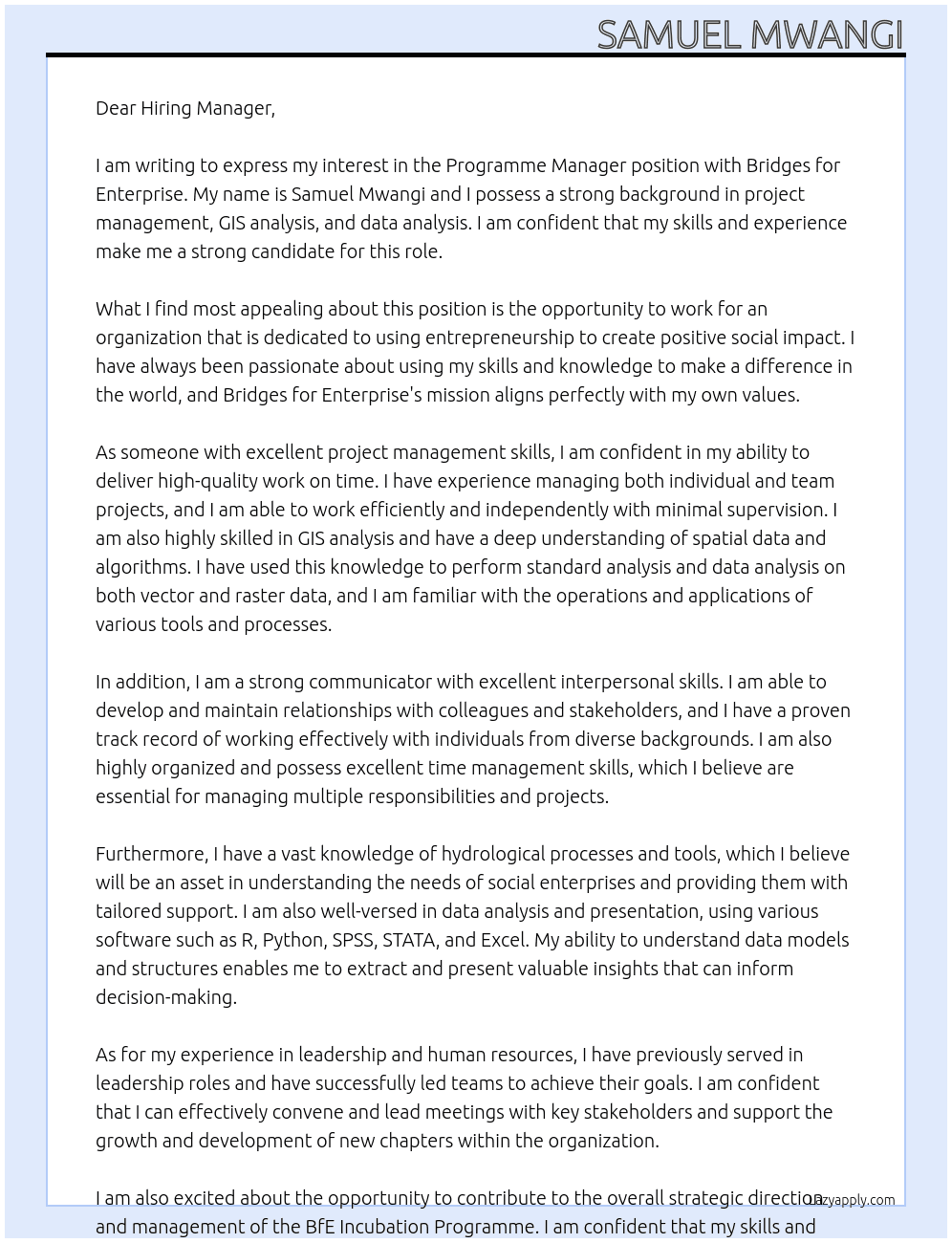 Bridges for Enterprise At Programme Manager Cover Letter