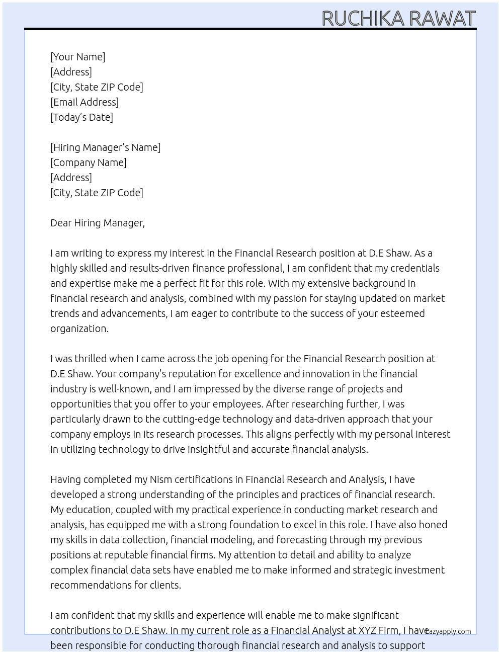 Financial Research  At D.E Shaw Cover Letter