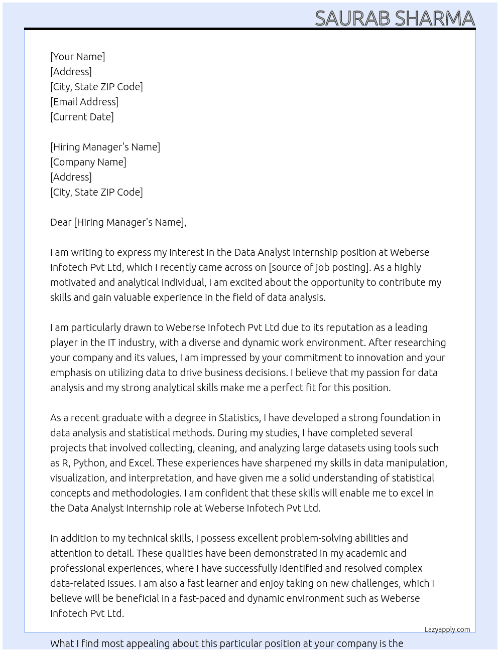 Data Analyst Internship At Weberse Infotech Pvt Ltd Cover Letter