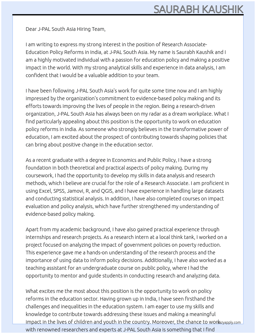 Research Associate- Education Policy Reforms in India-J-PAL South Asia At J-PAL South Asia Cover Letter