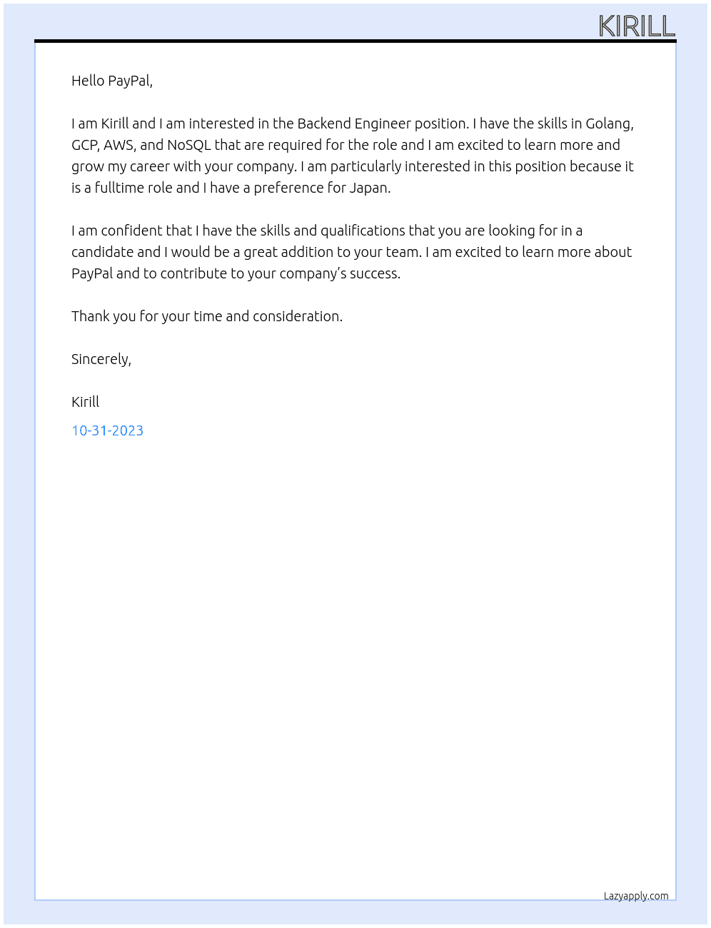 Backend Engineer At PayPal Cover Letter