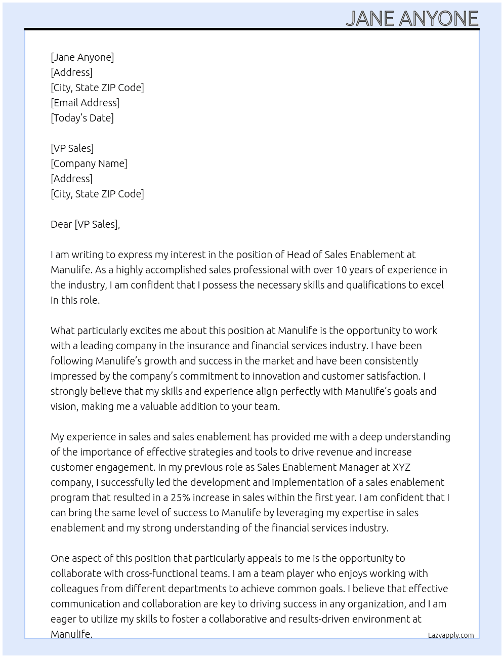 Head of Sales Enablement At Manulife Cover Letter