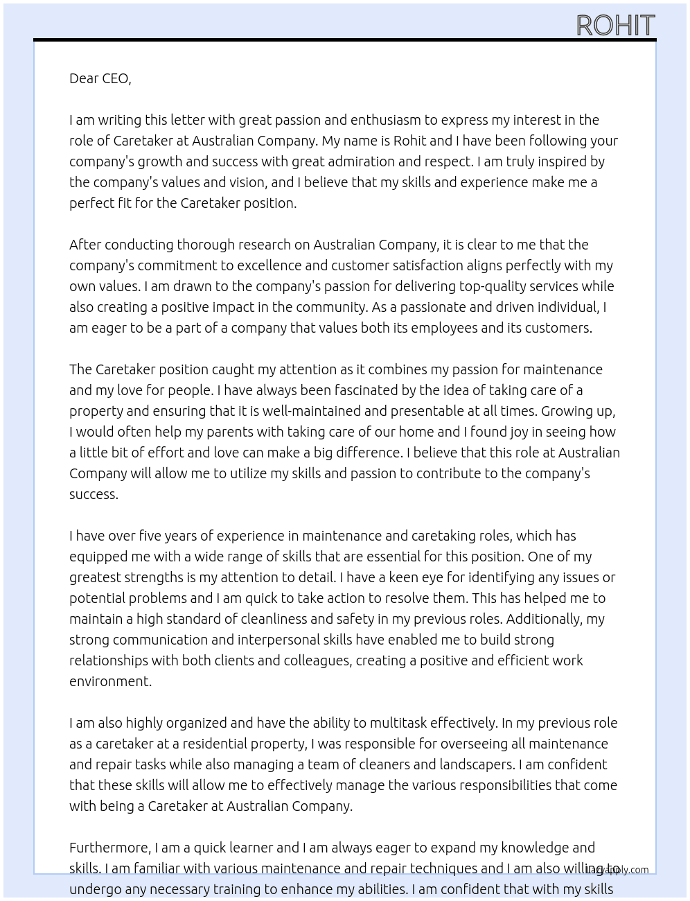 CARETAKER At AUSTRALIAN COMPANY Cover Letter
