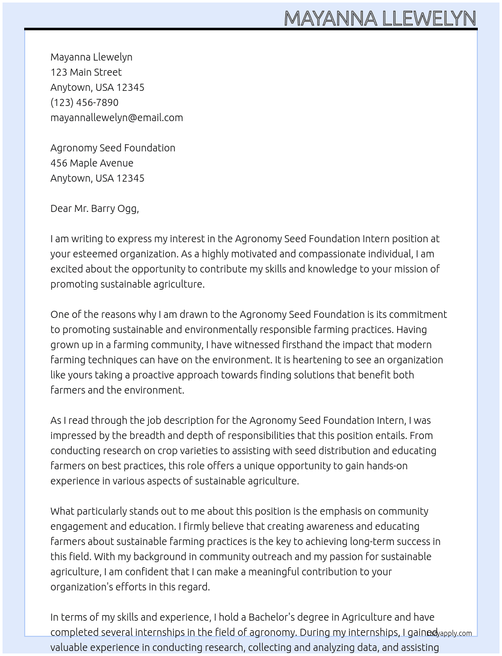 Agronomy Seed Foundation Intern At Agronomy seed foundation Cover Letter