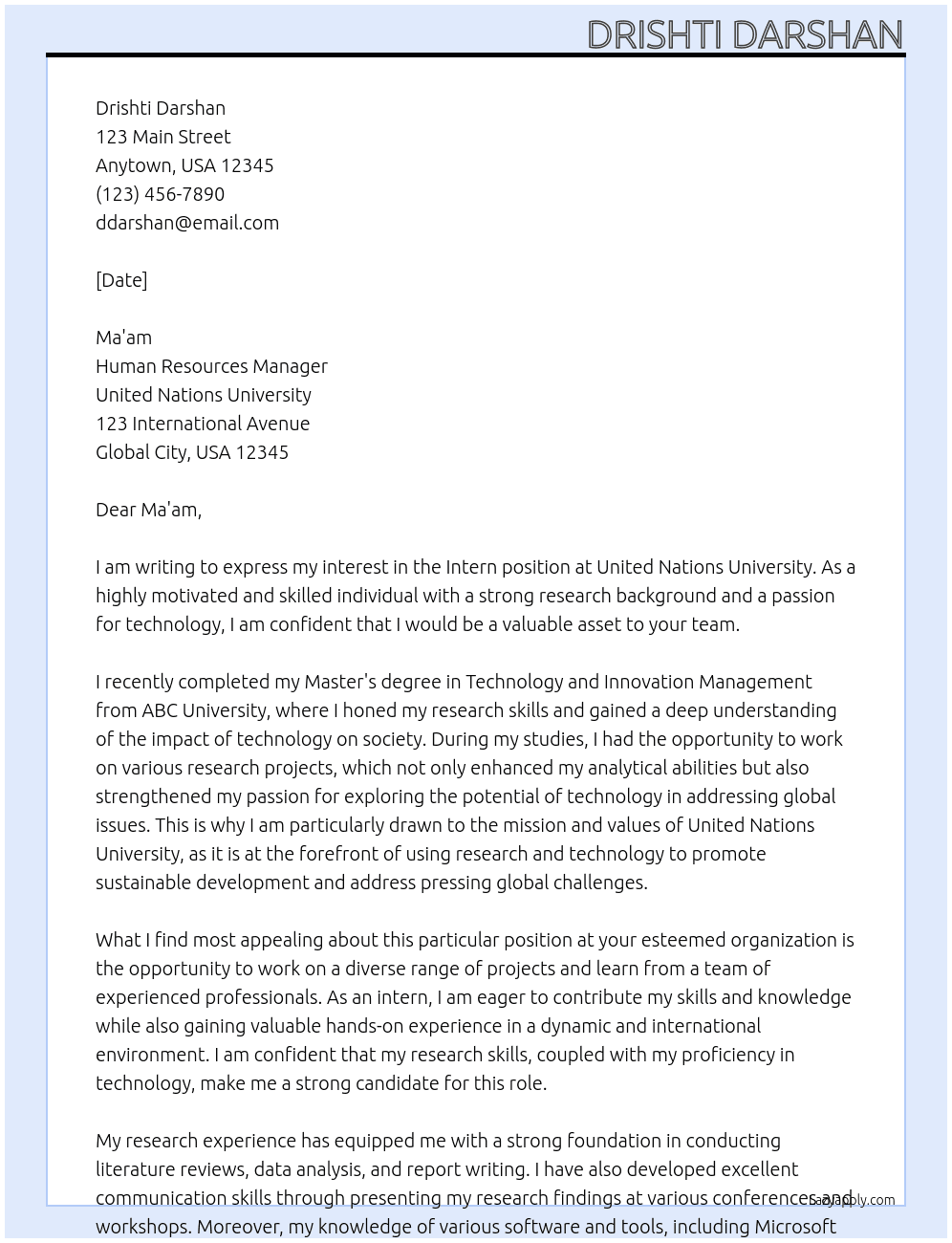 Intern At united nation university Cover Letter