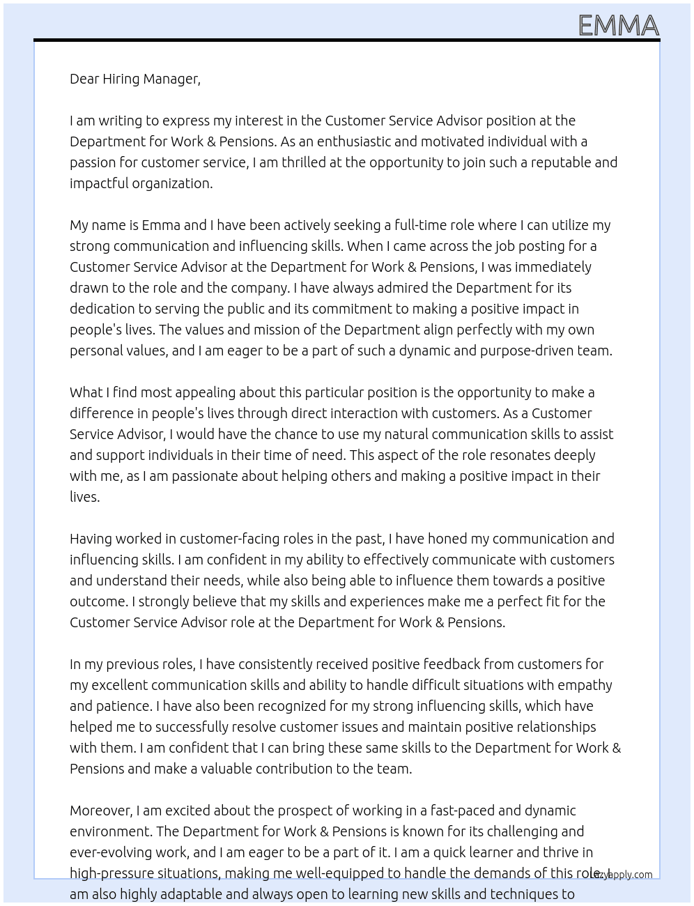 customer service advisor At Department for work & pensions Cover Letter