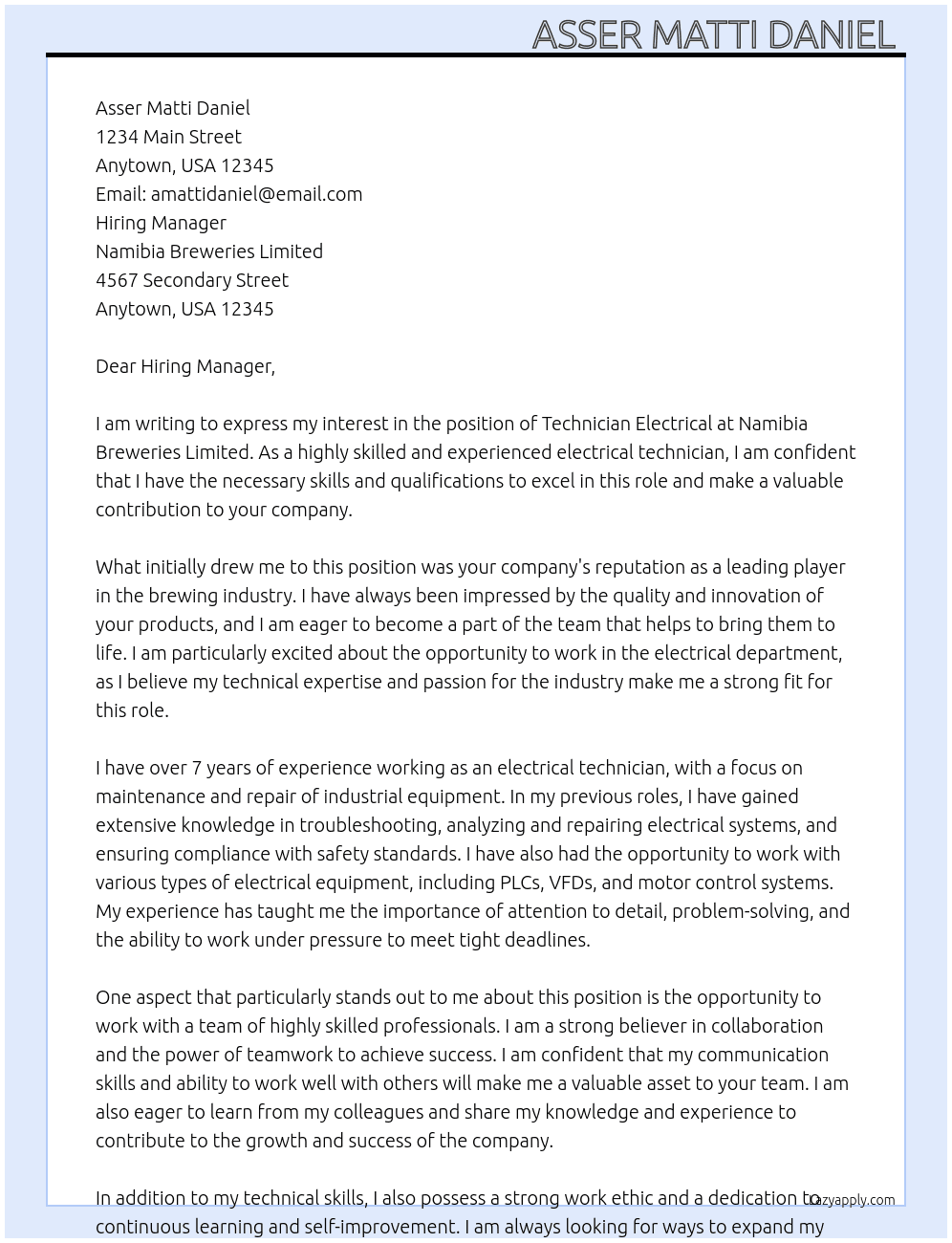 Technician Electrical At Namibia  Breweries Limited  Cover Letter