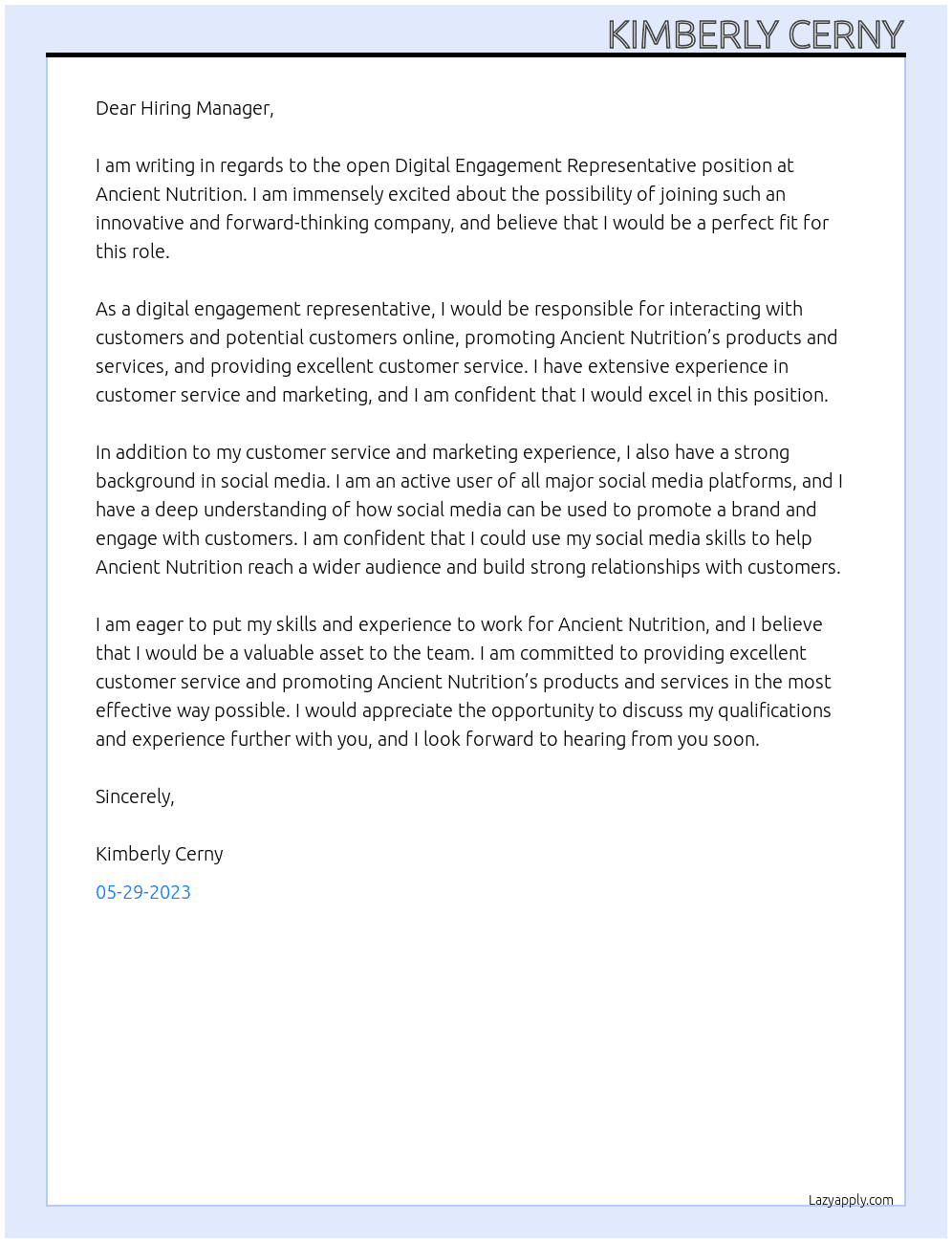 Digital engagement representative At Ancient nutrition Cover Letter