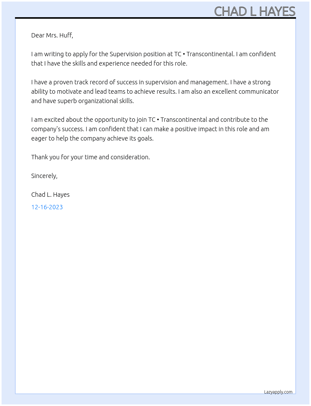 Supervision  At TC • Transcontinental  Cover Letter