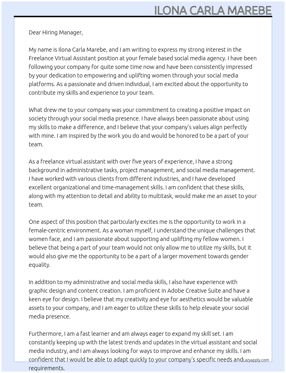 Freelance Virtual Assistant At female based social media agency Cover Letter