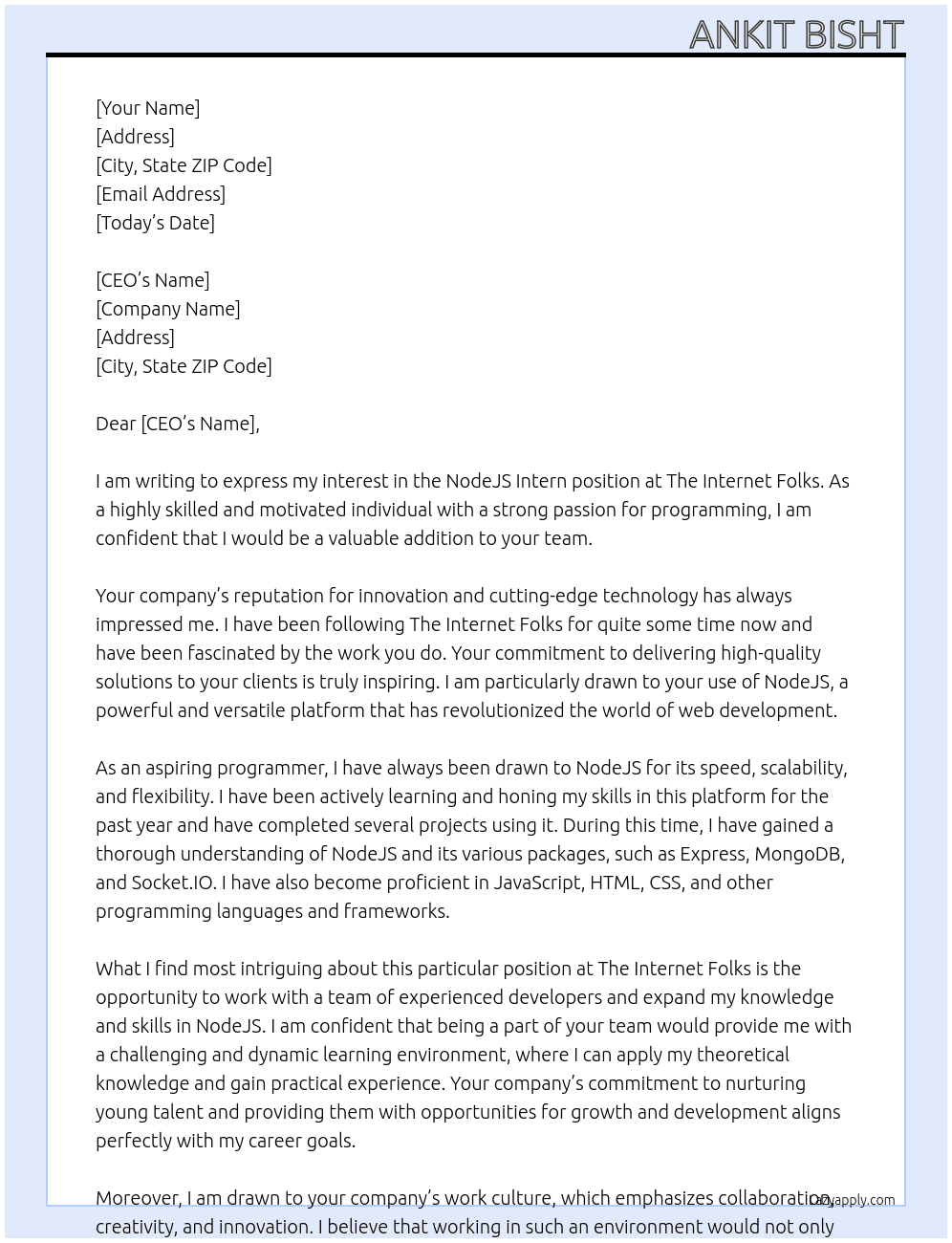 nodejs intern At The Internet Folks Cover Letter