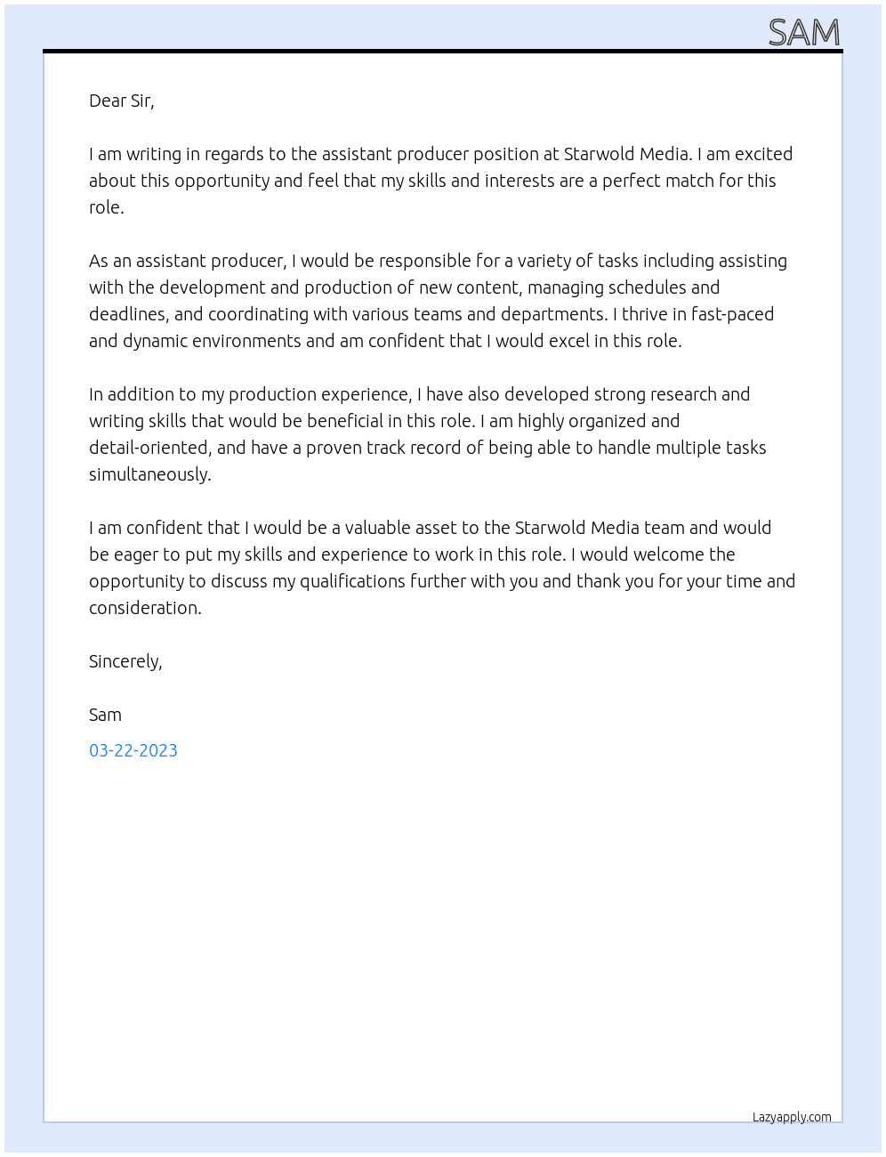 assistant producer At starwold media Cover Letter