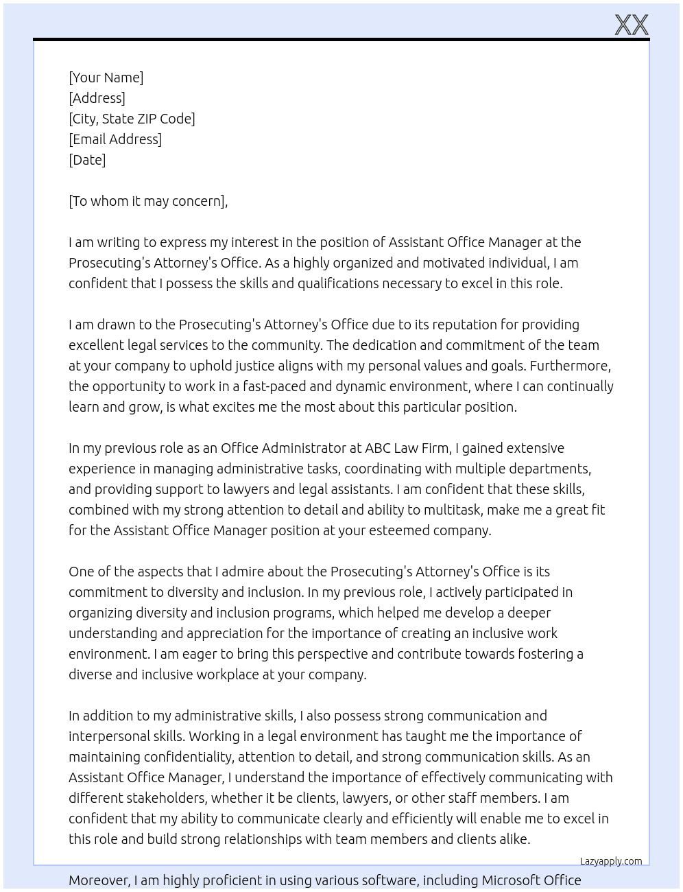 Assistant Office Manager At Prosecuting's Attorney's Office Cover Letter