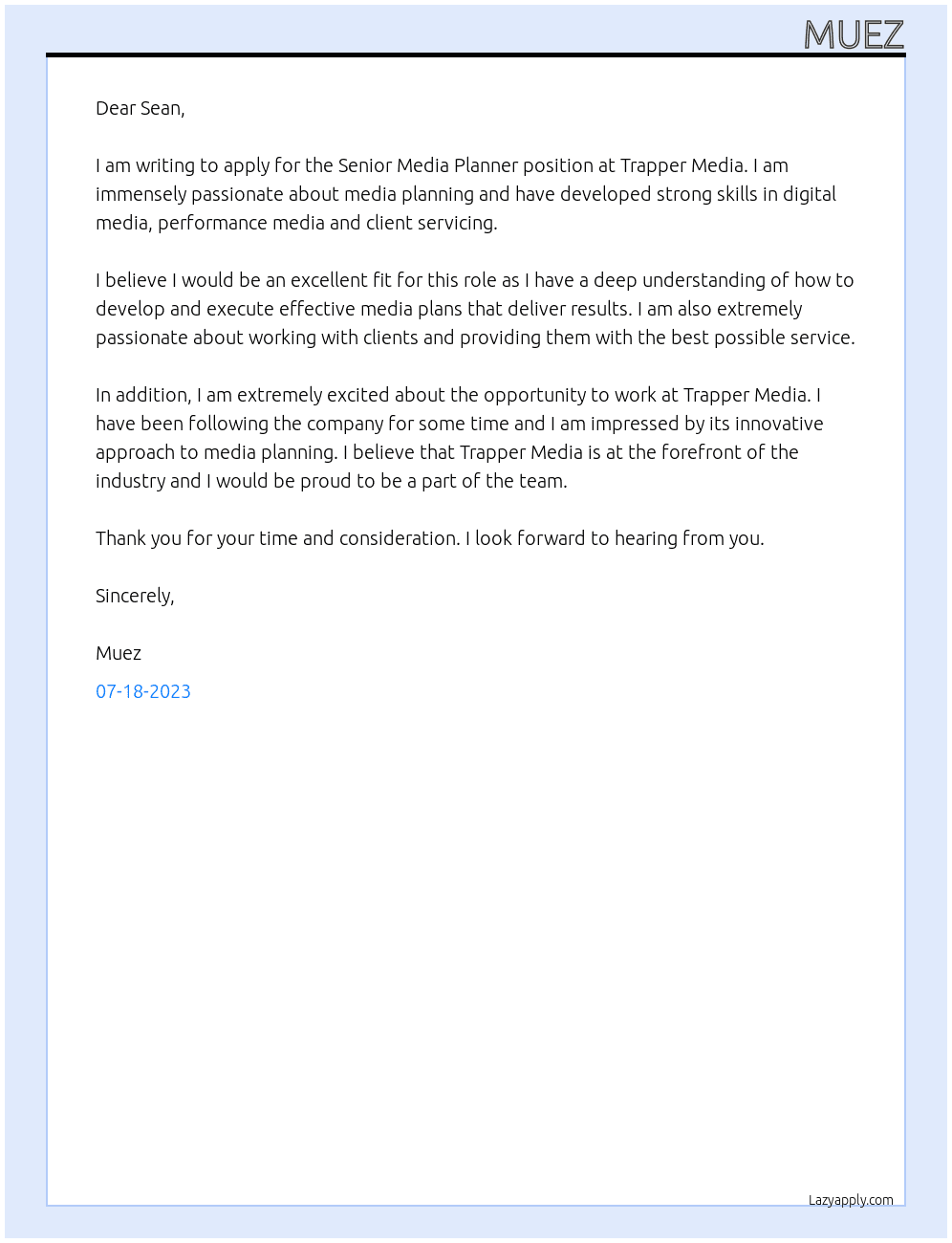 Senior Media Planner At Trapper Media Cover Letter