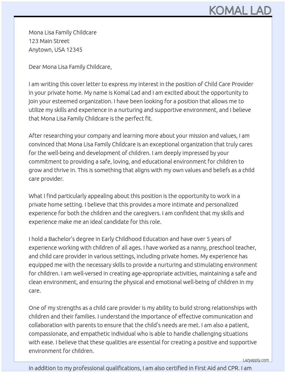 Child care provider - private home At Mona Lisa Family Childcare Cover Letter