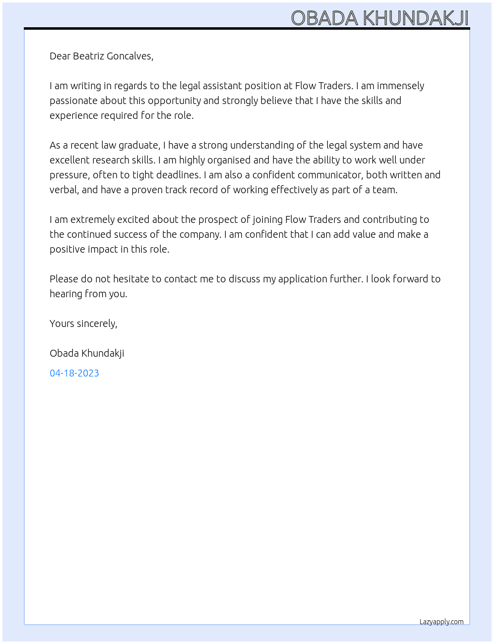 Legal Assistant At Flow Traders Cover Letter