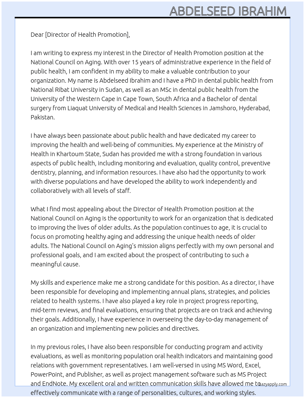 Director of Health Promotion  At National Council on Aging  Cover Letter