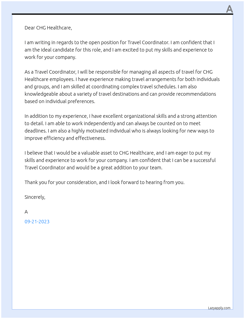 Travel Coordinator At CHG Healthcare Cover Letter