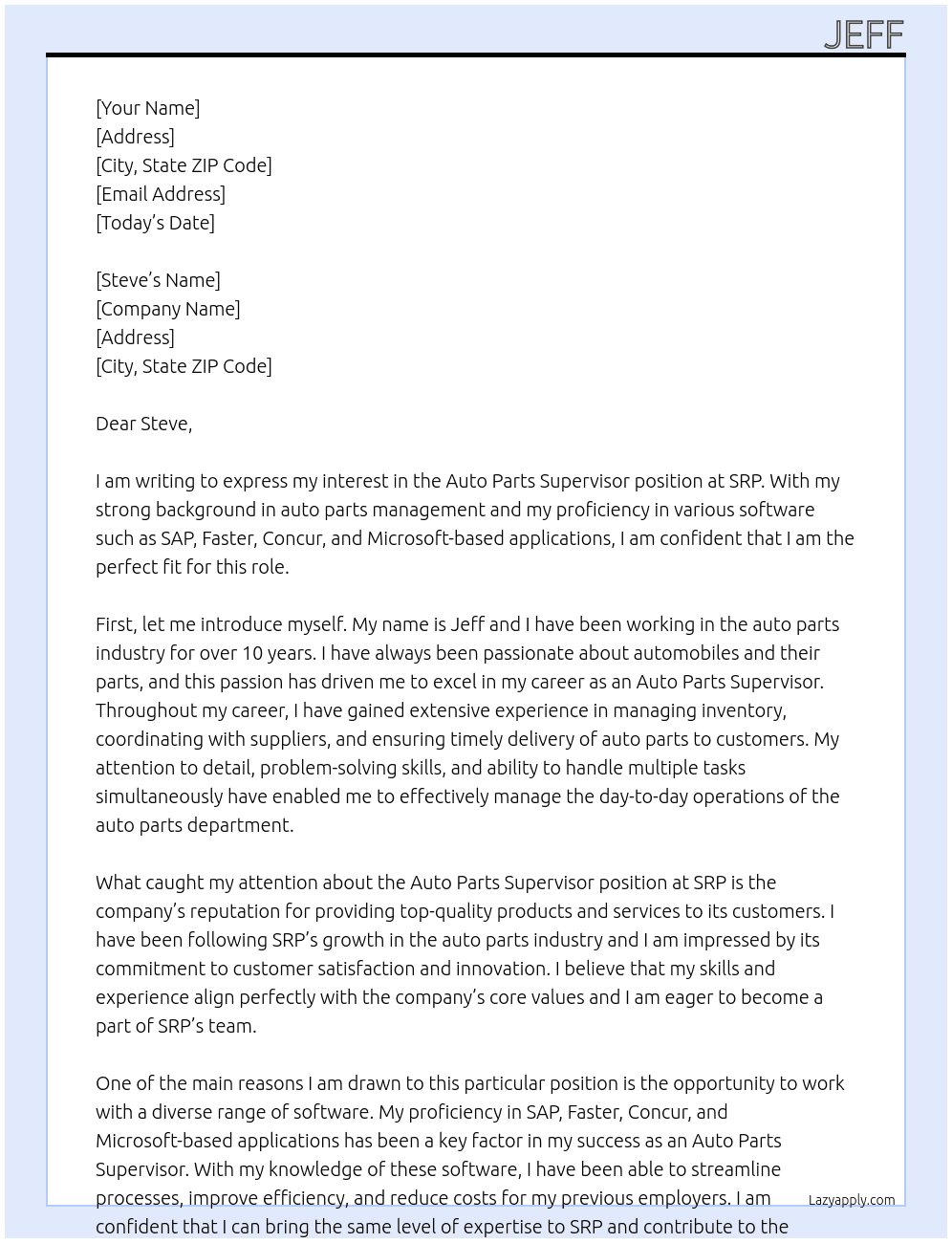 Auto parts supervisor At SRP Cover Letter
