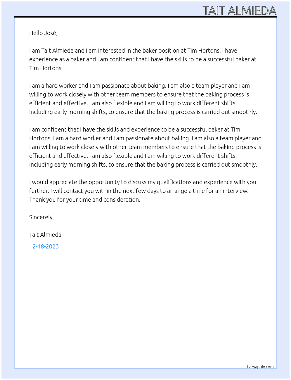 baker At Tim Hortons Cover Letter