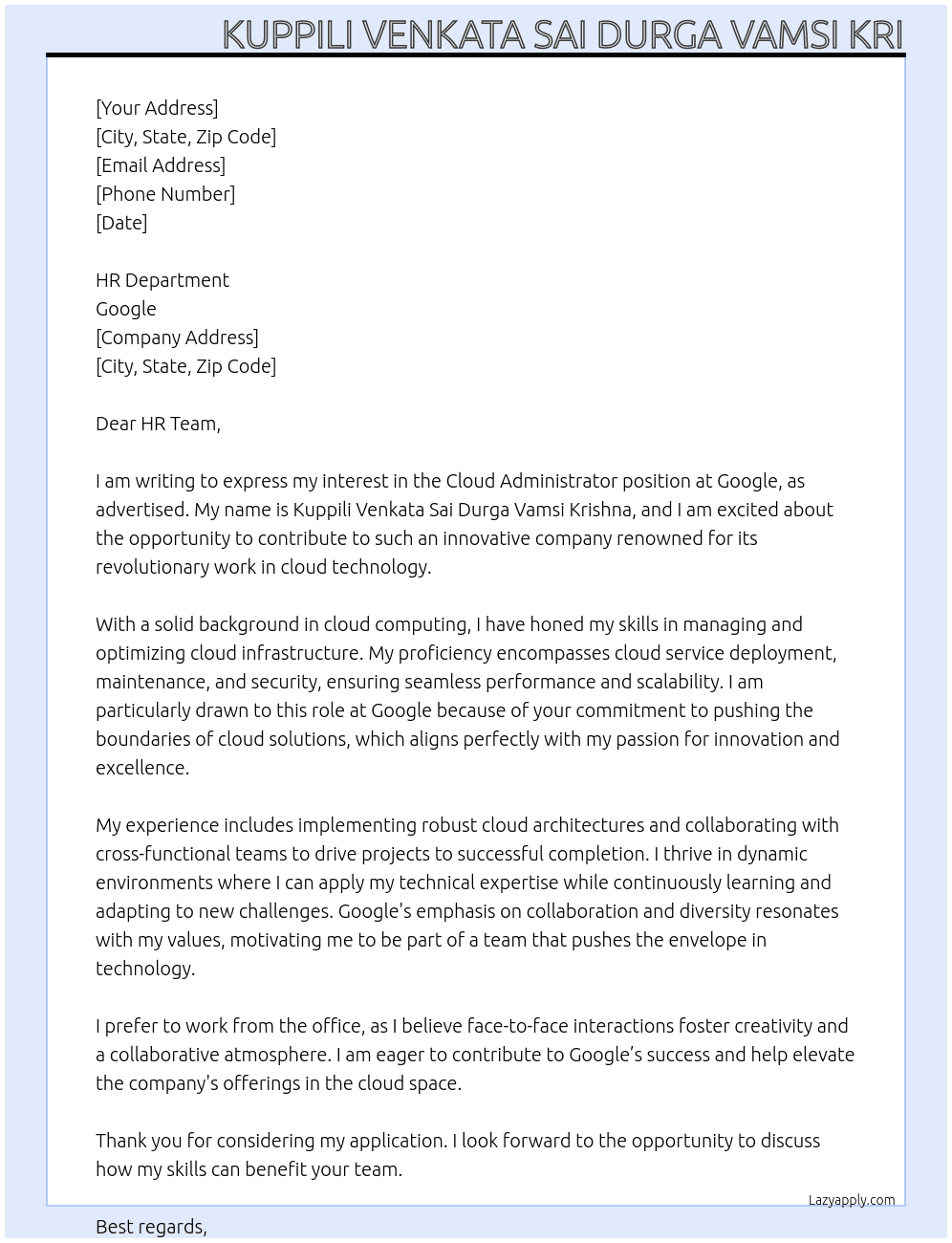 Cover letter for cloud adminstrator - LazyApply
