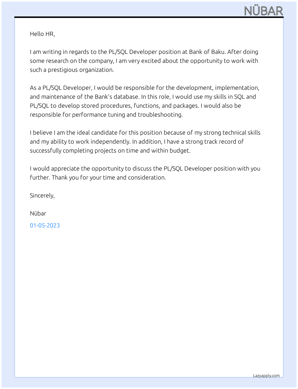 PL/SQL Developer At Bank OF Baku Cover Letter