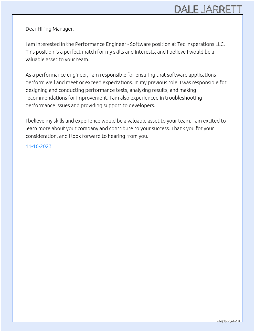 Performance Engineer - Software At Tec Insperations LLC Cover Letter