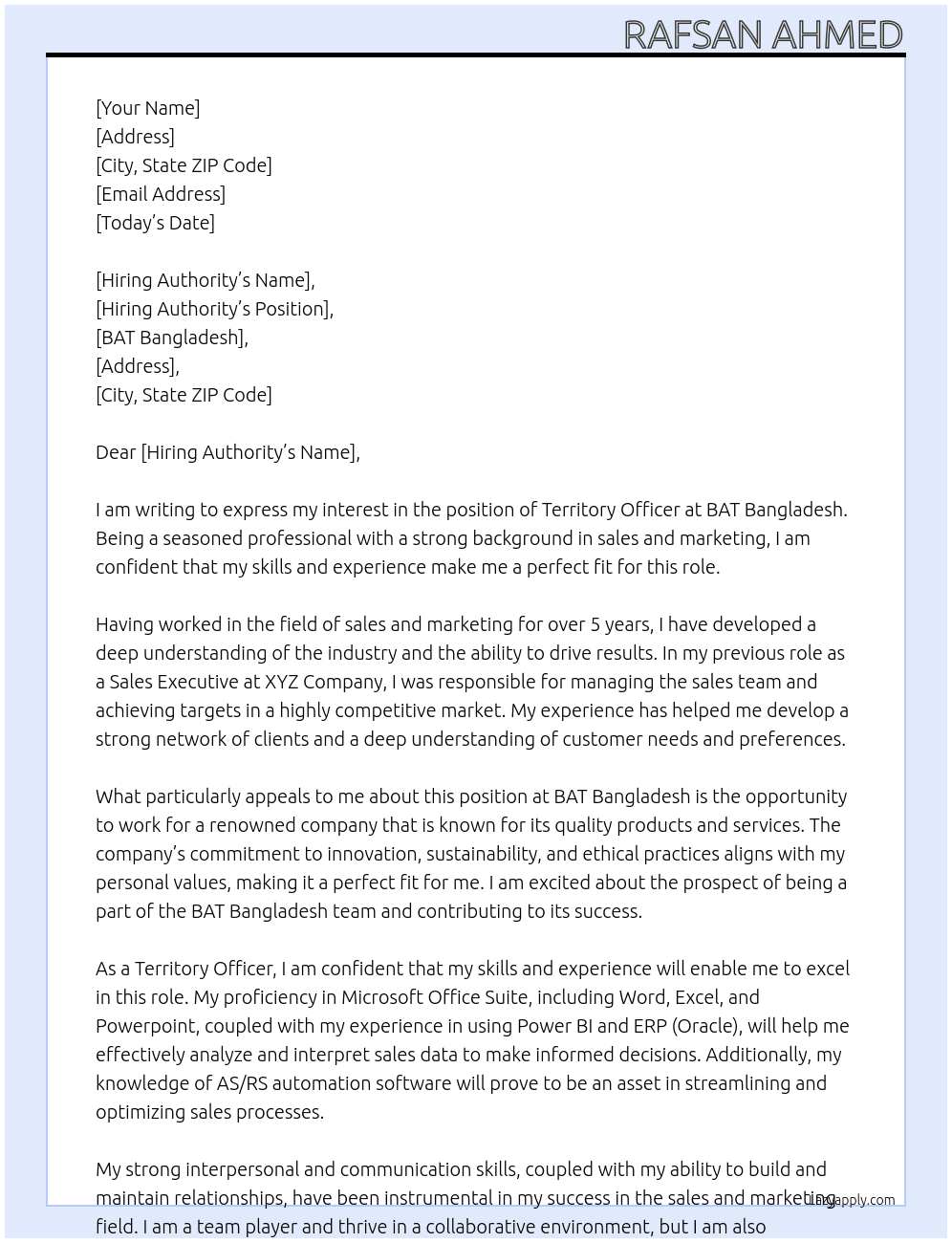 Territory Officer - BAT Bangladesh At BAT Bangladesh Cover Letter