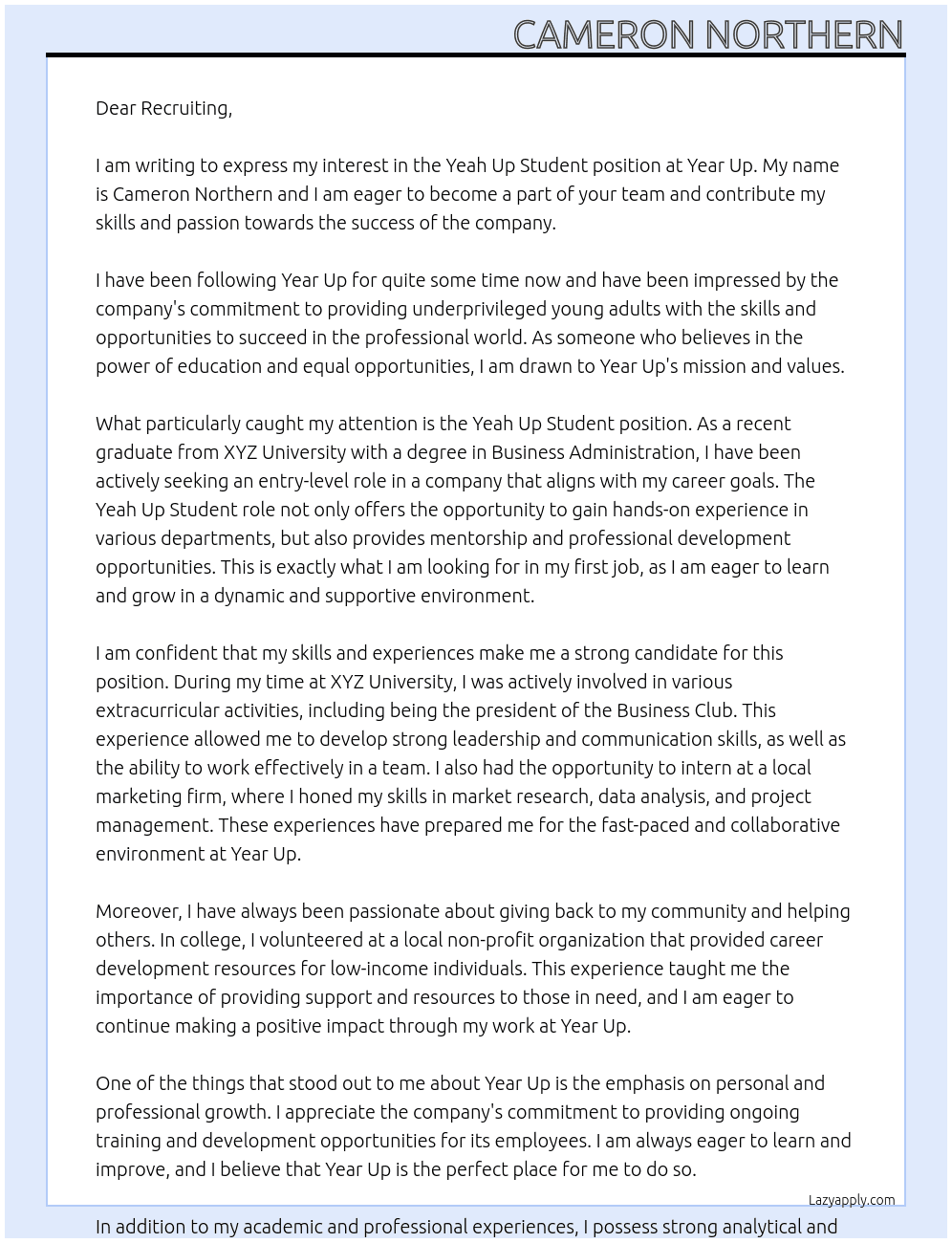 Yeah Up Student At Year Up Cover Letter