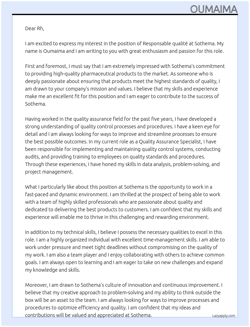Responsable qualité  At Sothema  Cover Letter