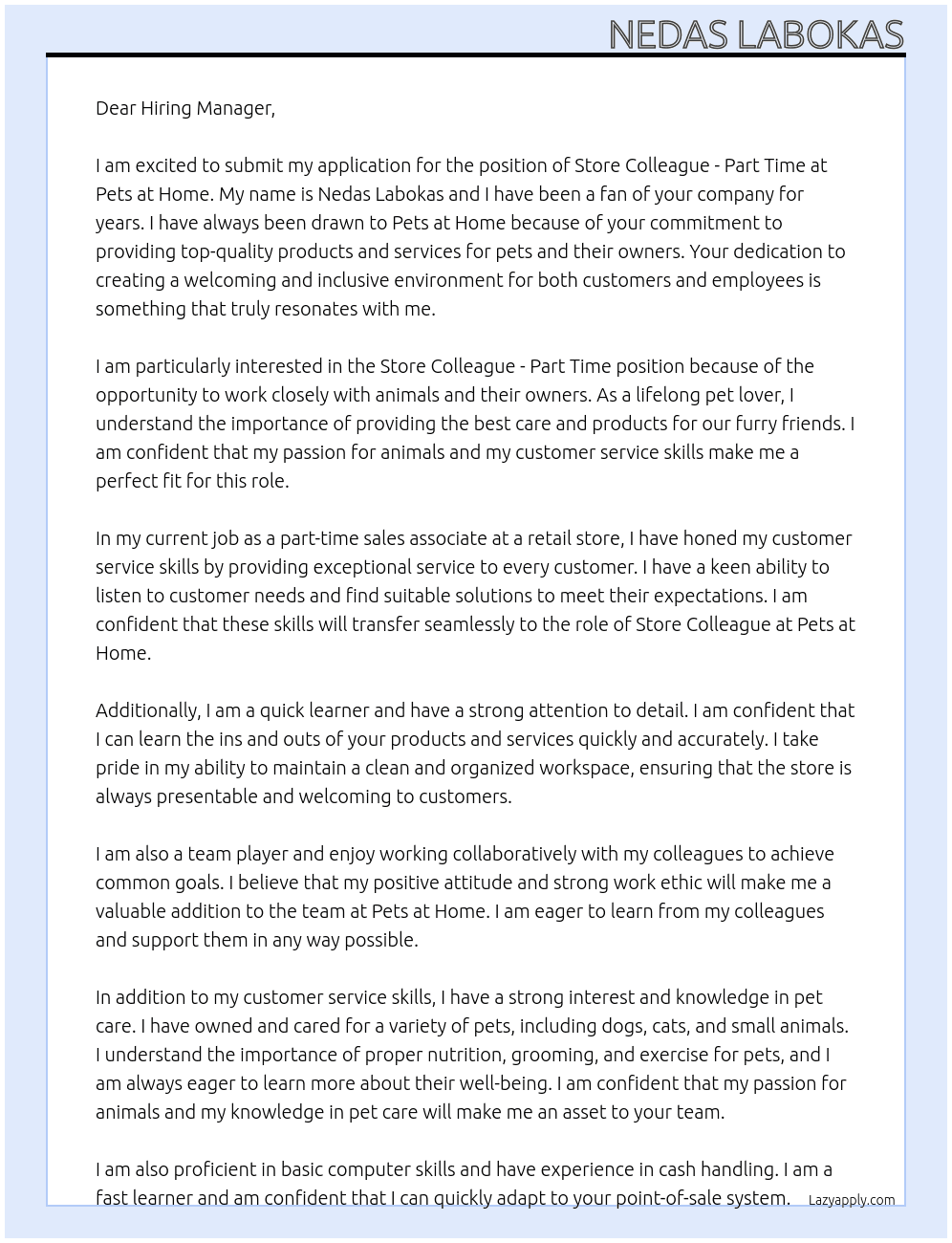 Store Colleague - Part Time At Pets at Home Cover Letter