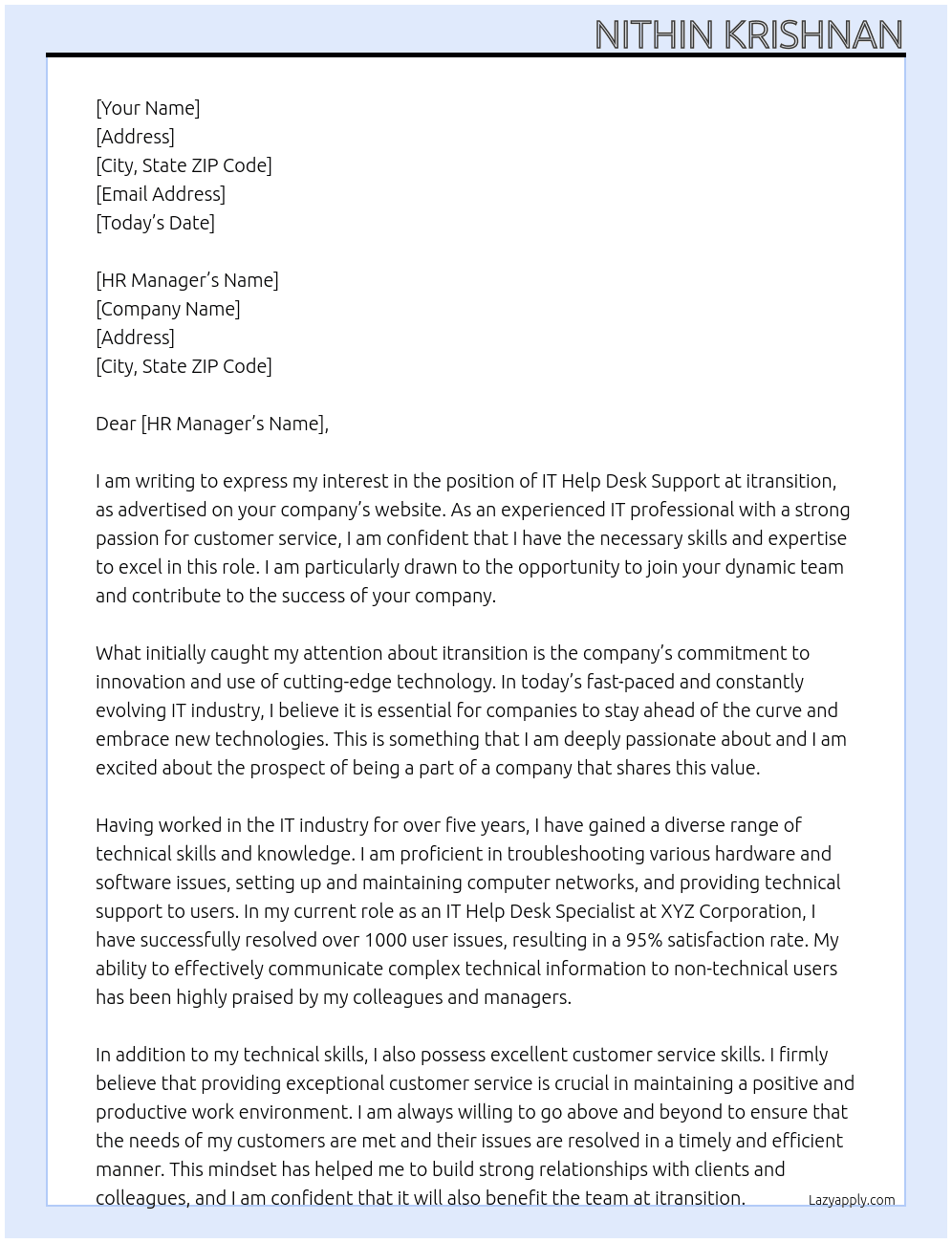 IT Help Desk Support At itransition Cover Letter