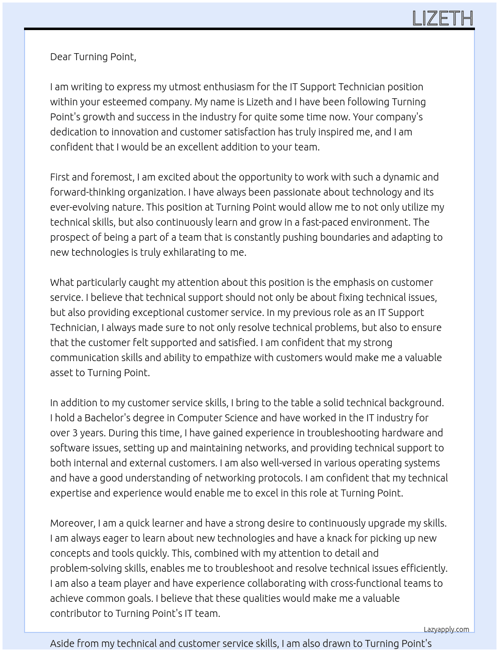 it support technician At turninng point Cover Letter