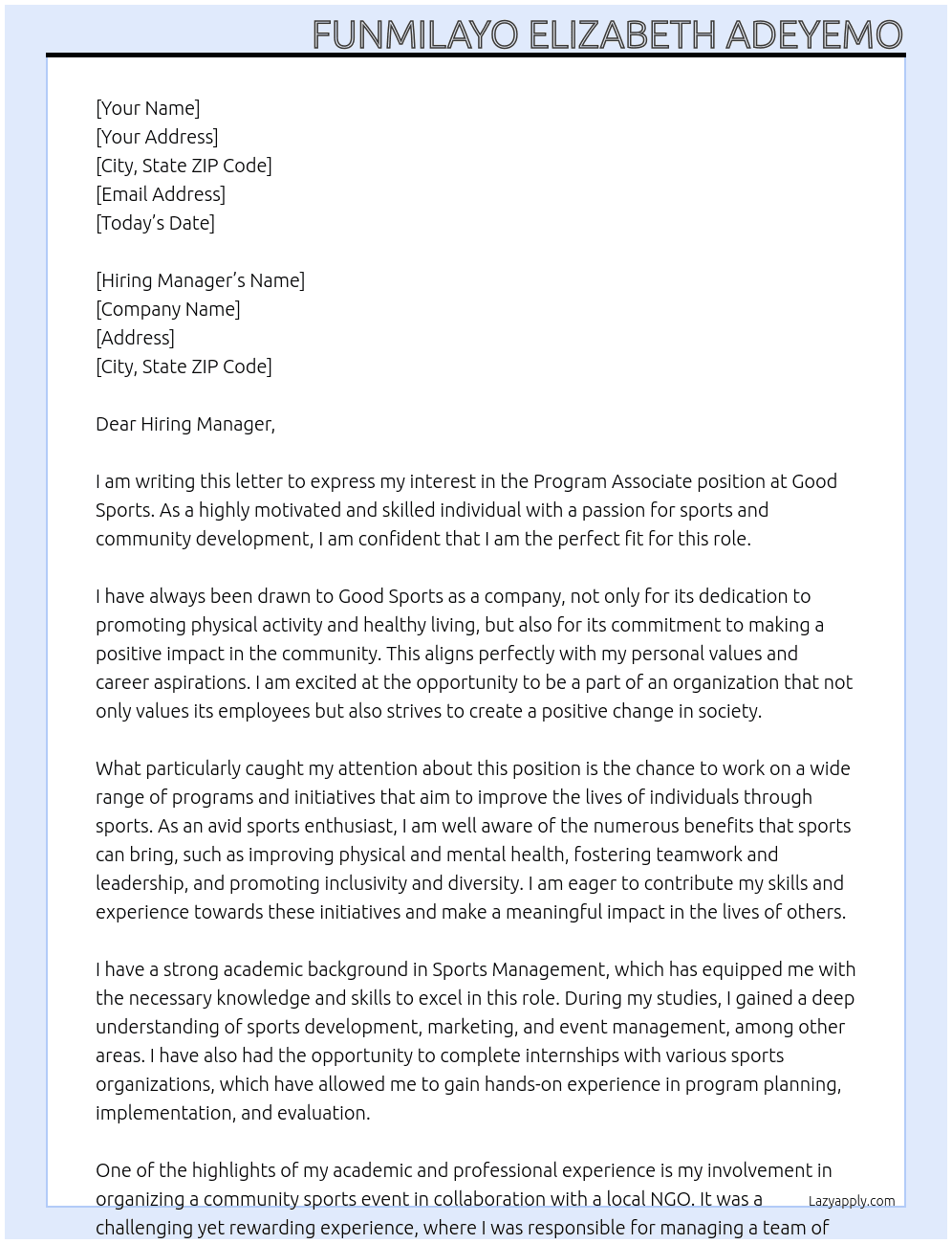 Program Associate At Good Sports Cover Letter