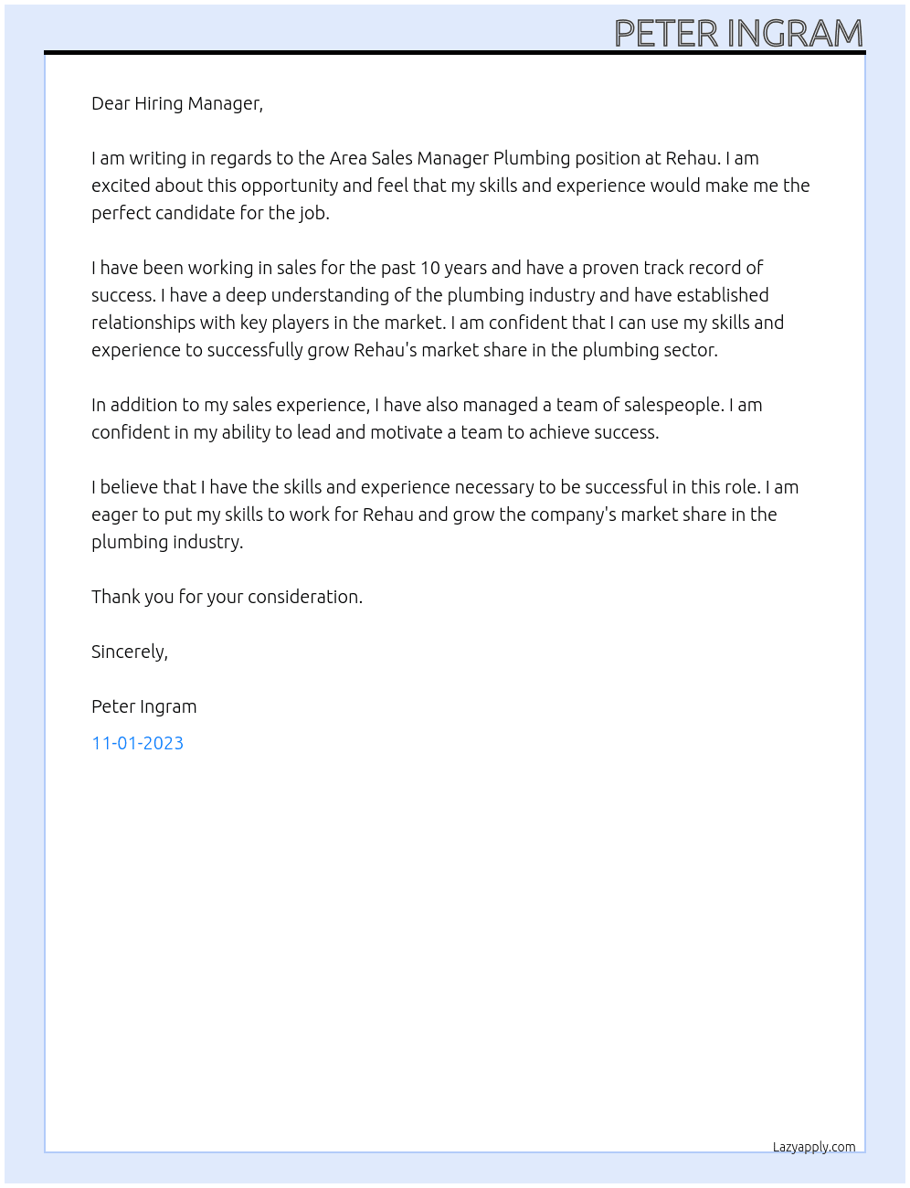 Area Sales Manager Plumbing At Rehau Cover Letter