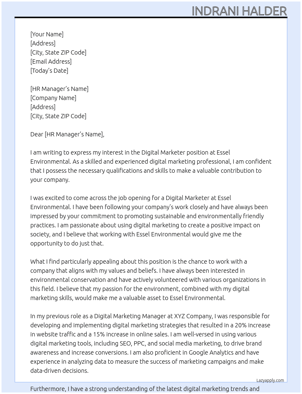 Digital Marketer At Essel Environmental  Cover Letter