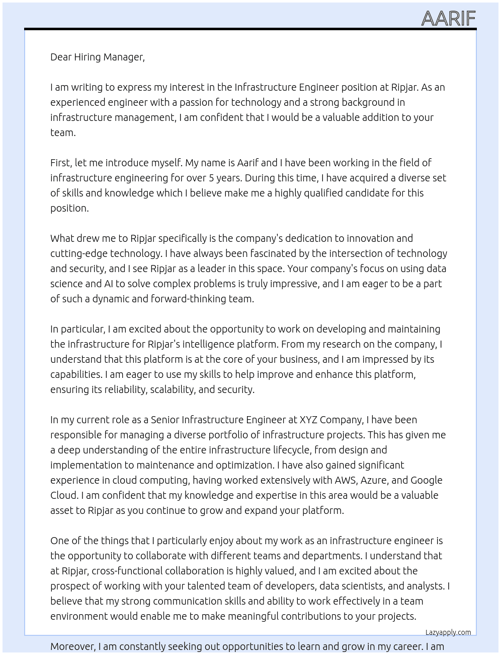Infrastructure Engineer At Ripjar Cover Letter